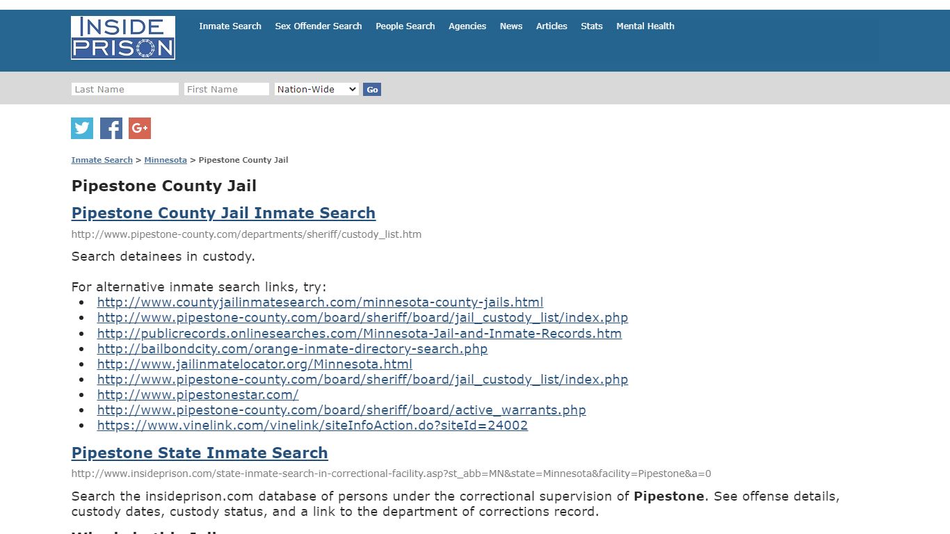 Pipestone County Jail - Minnesota - Inmate Search - Inside Prison